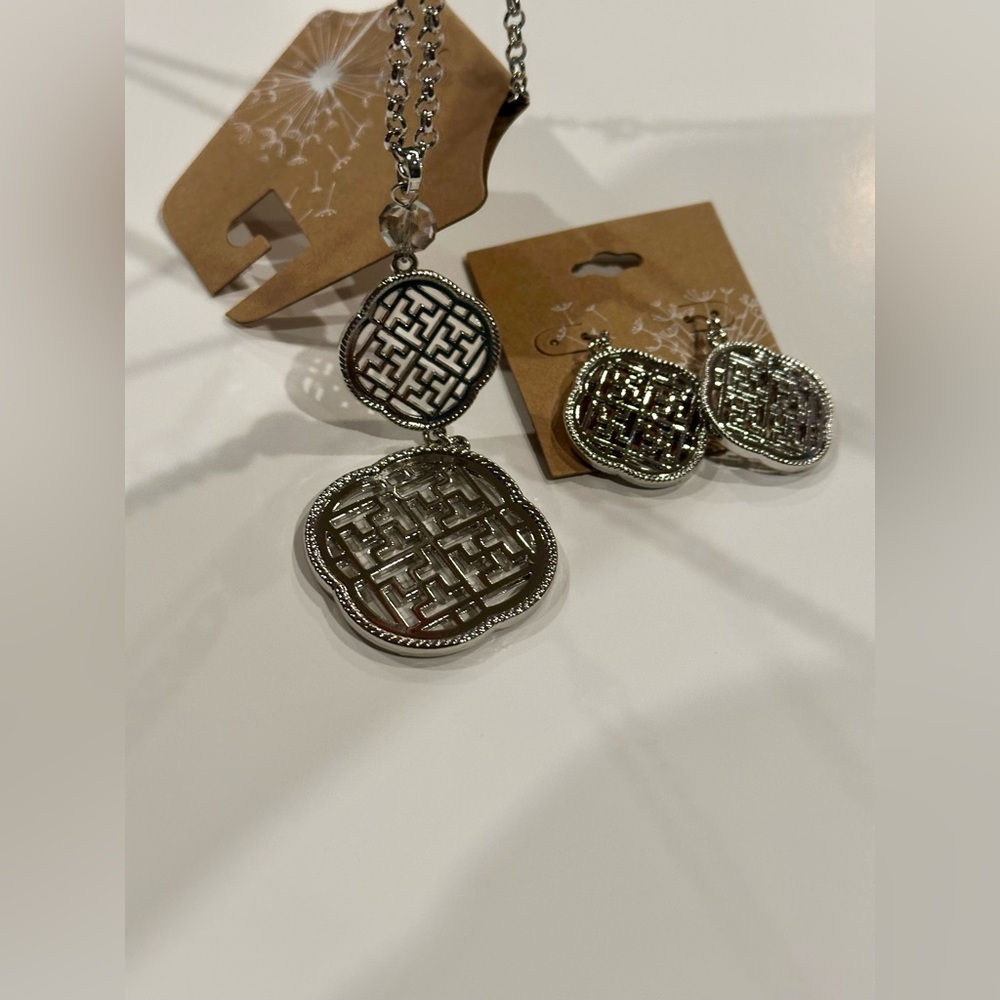 Silver Geometric Necklace and Earring Set